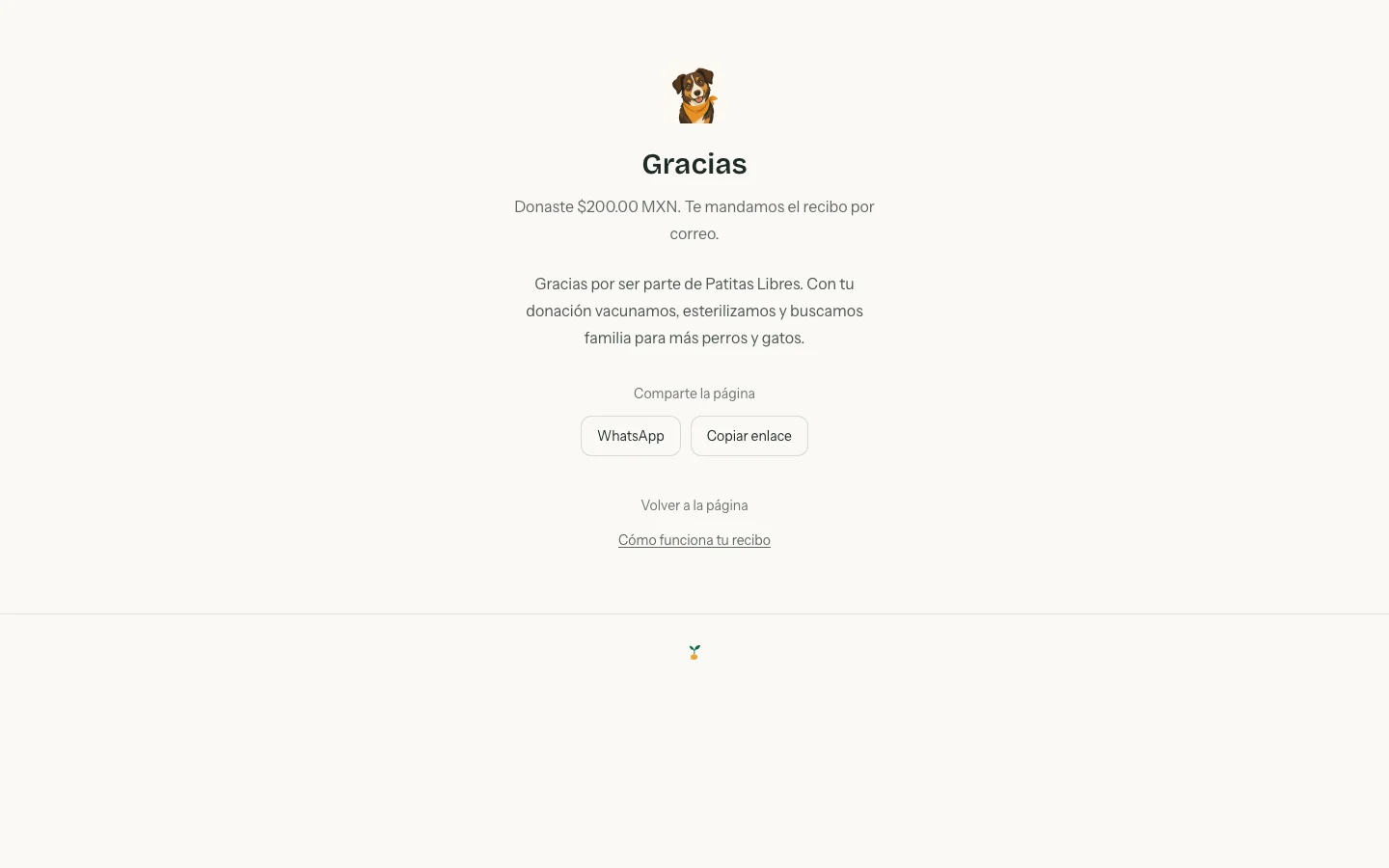 Pantalla de gracias con el logo de la causa, el monto donado, el agradecimiento y los botones para compartir la página