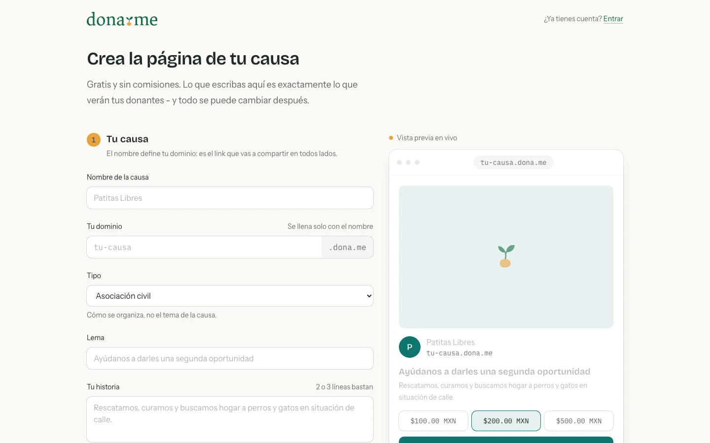 Formulario para crear la página de una causa, con la vista previa en vivo a la derecha