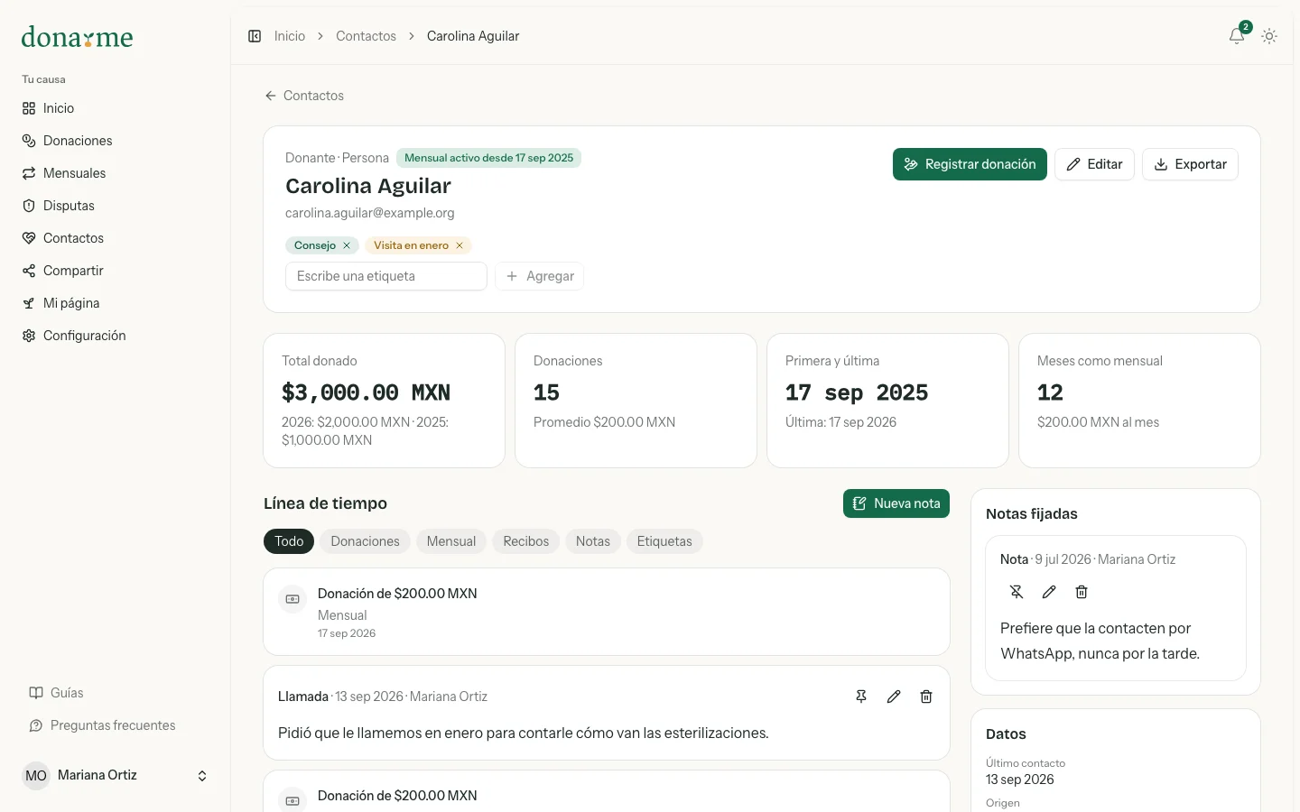Perfil de un contacto con sus etiquetas, sus cifras, la línea de tiempo y las notas fijadas