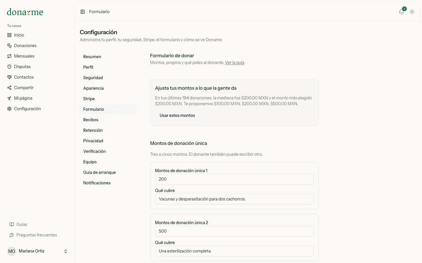 Configuración del formulario: montos de donación única con lo que cubre cada uno