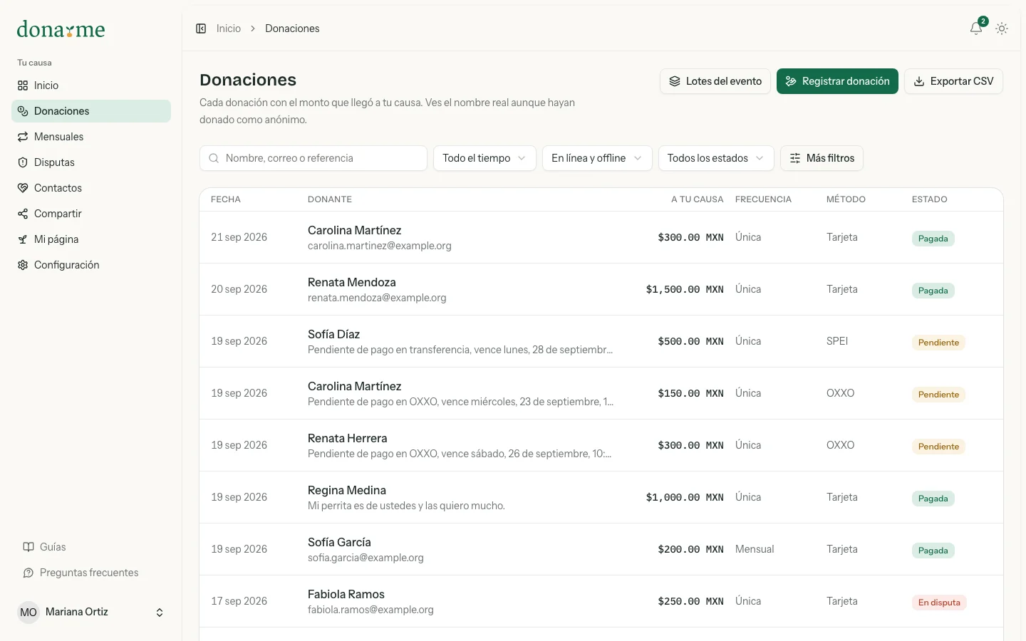 Lista de donaciones con las columnas Fecha, Donante, A tu causa, Frecuencia, Método y Estado