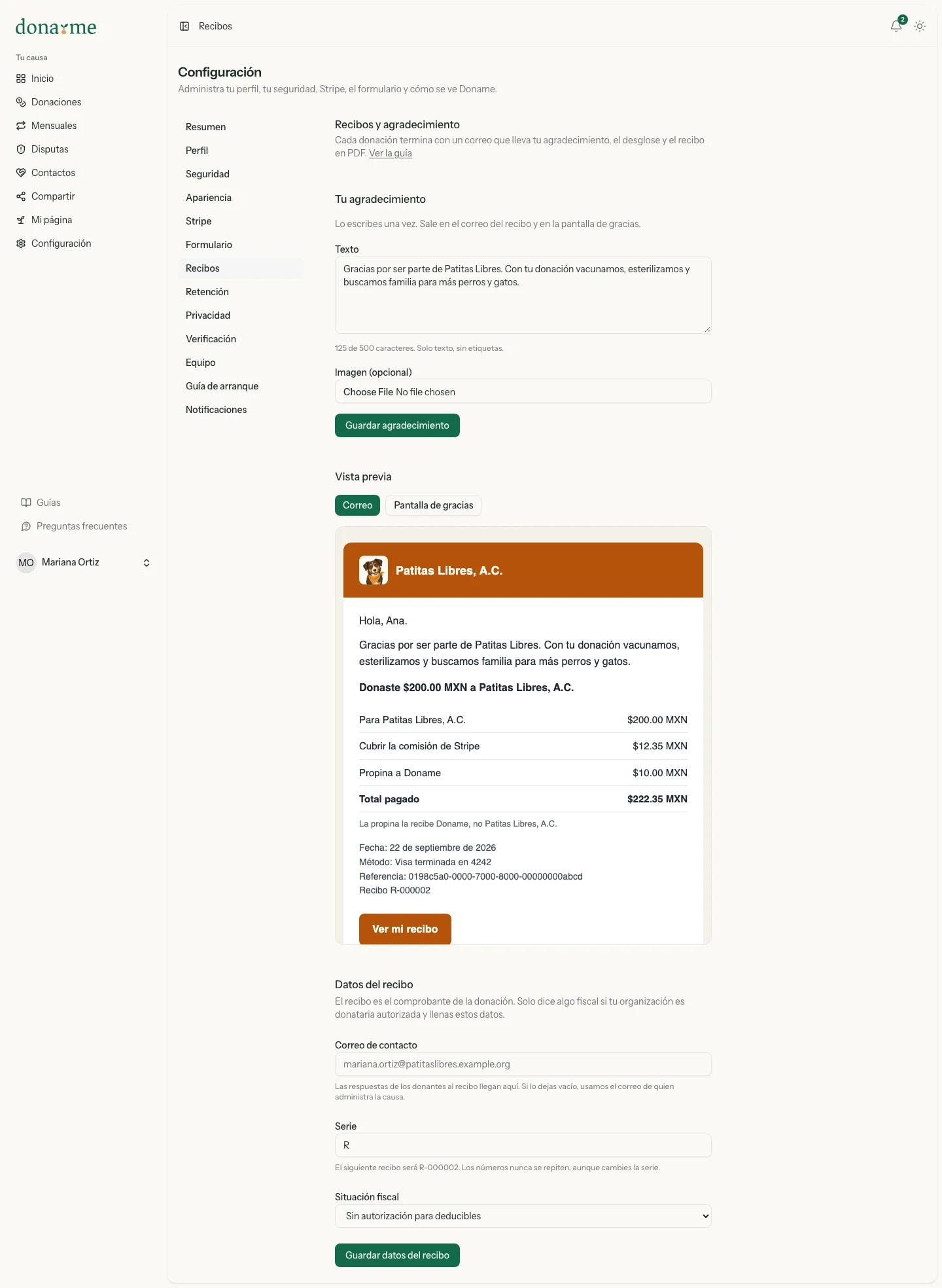 Sección Datos del recibo en Configuración, Recibos, con correo de contacto, serie y situación fiscal