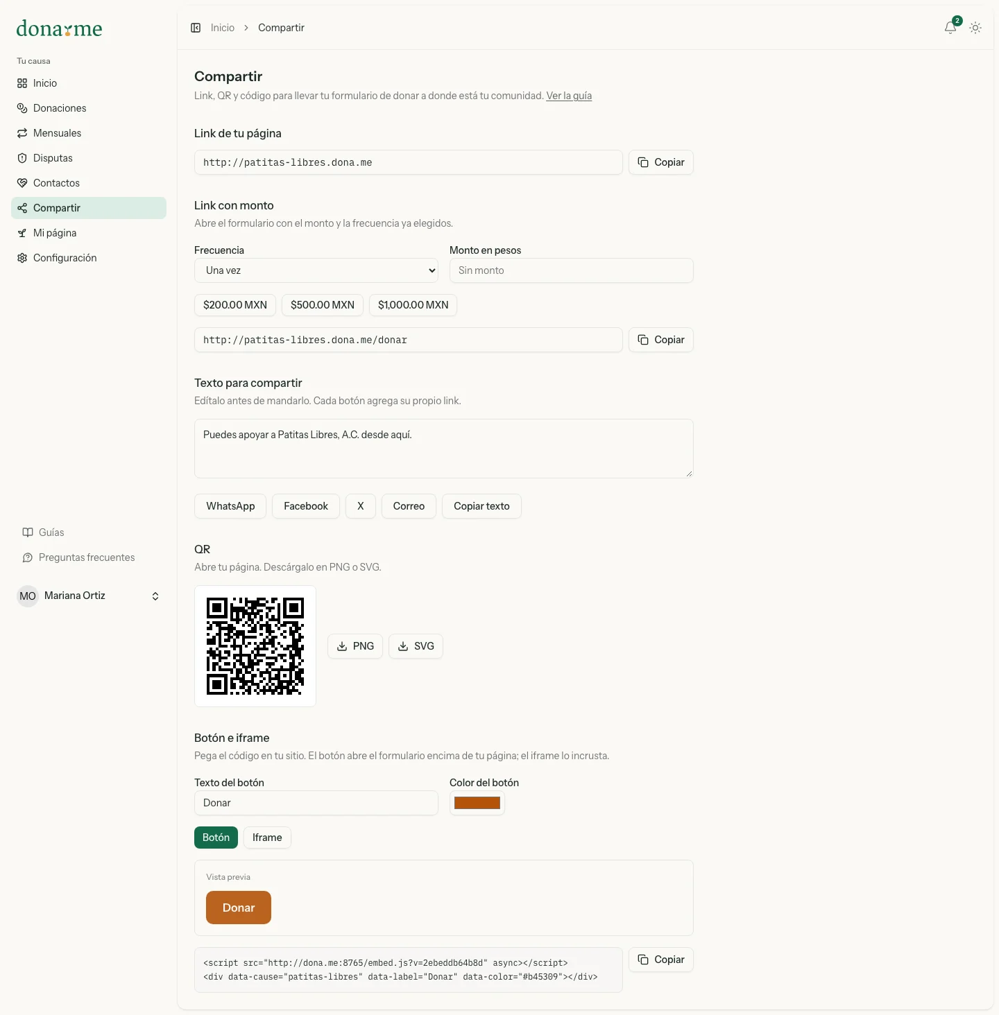 Pantalla Compartir con el enlace de la página, el enlace con monto, el texto para compartir, el QR y el código del botón