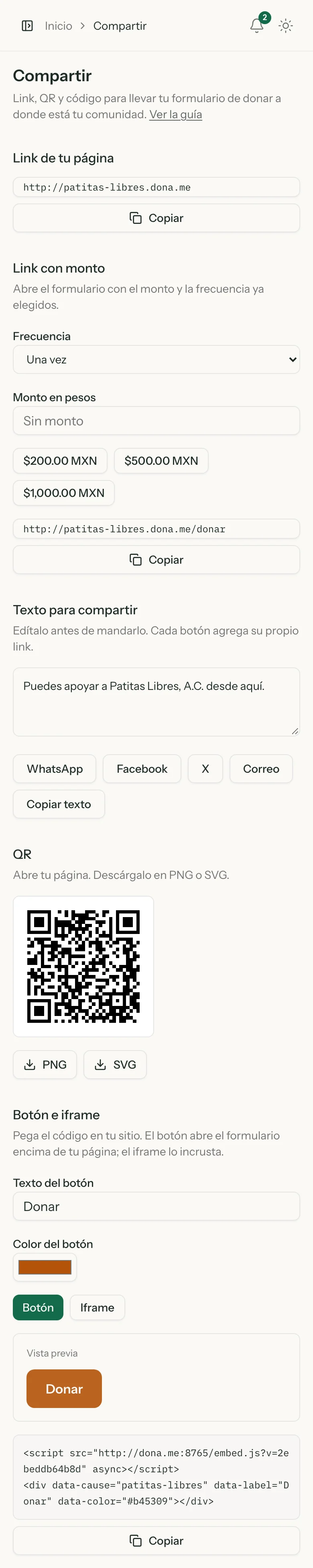 Pantalla Compartir del panel web en tamaño de celular, con el enlace de la causa, el enlace con monto y el QR