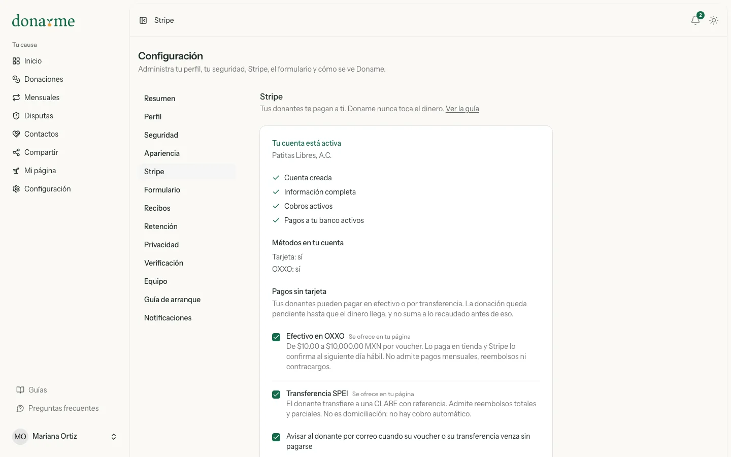Stripe con la cuenta activa, sus cuatro marcas en verde y los métodos disponibles