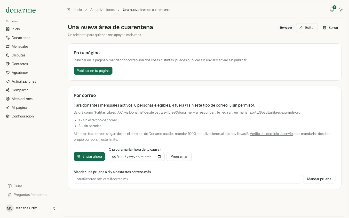 Borrador con el conteo de destinatarios, el remitente, el envío programado y la prueba