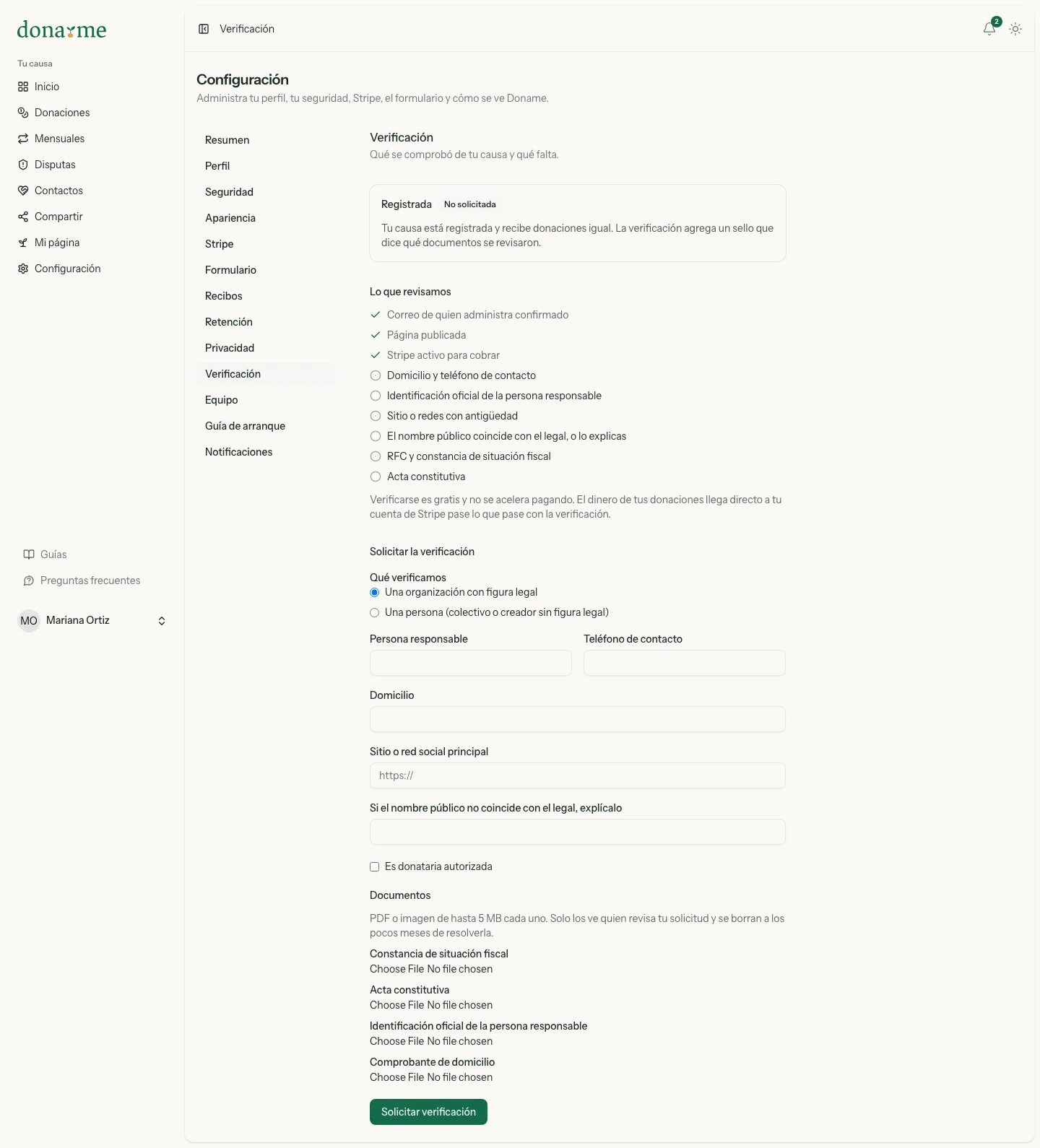 Pantalla Verificación con el nivel Registrada, lo que se revisa y el formulario para solicitarla