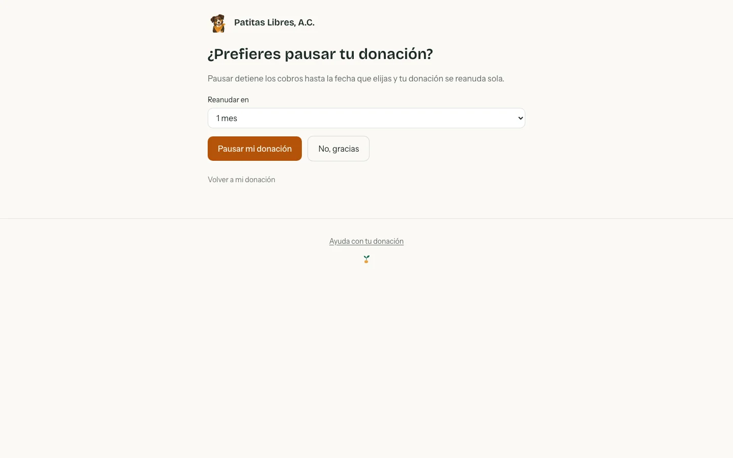 Pantalla del portal que ofrece pausar la donación antes de cancelarla, con el botón Pausar mi donación y el botón No, gracias