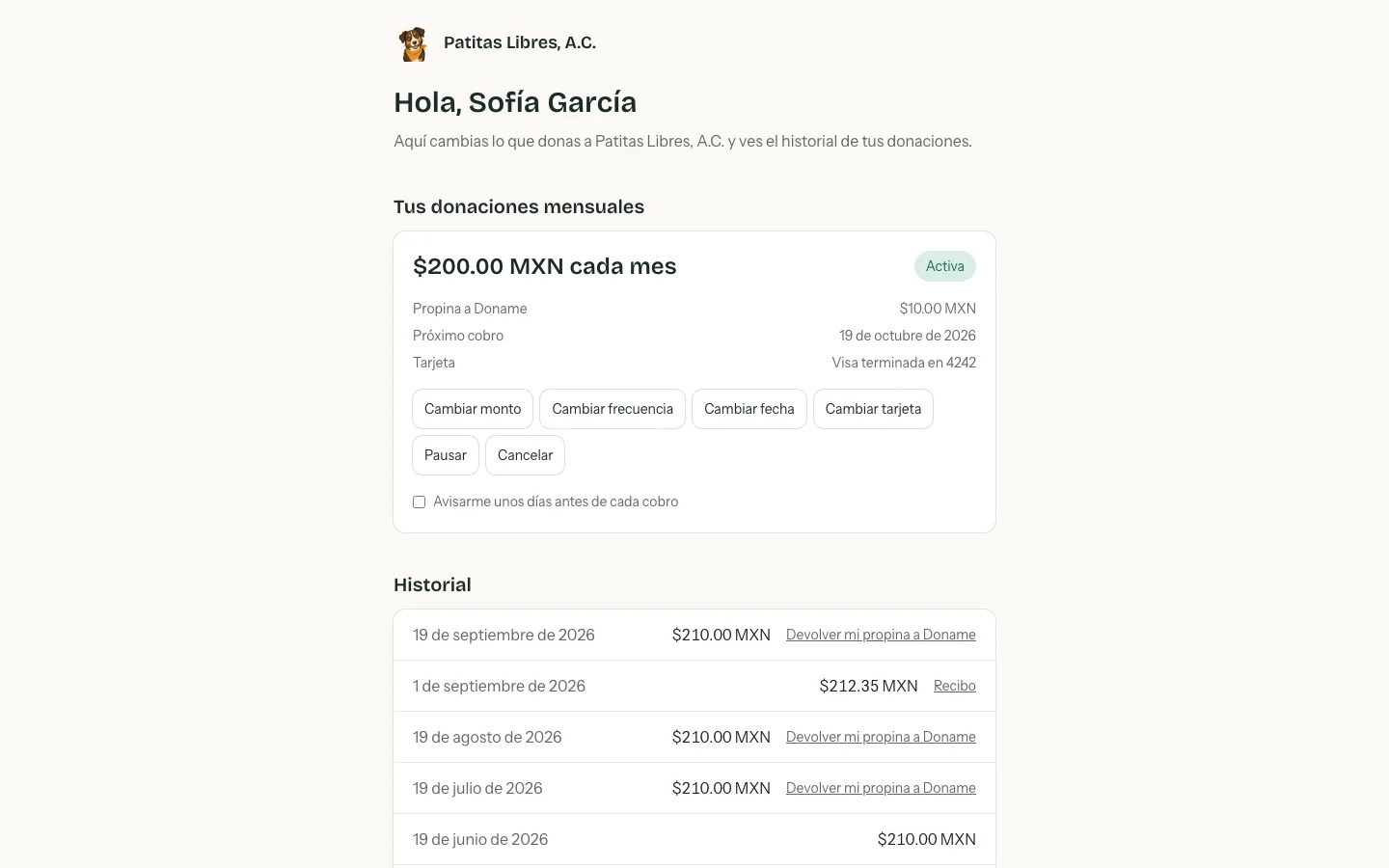 Portal del donante con los botones para cambiar la tarjeta, el monto o cancelar la donación mensual