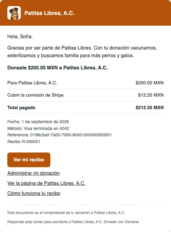 Correo de recibo de una donación a Patitas Libres con el desglose, la referencia y el botón Ver mi recibo